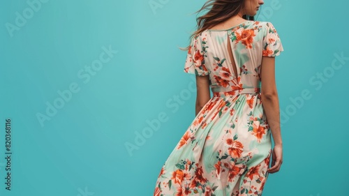 Woman in floral dress looking over shoulder against teal background