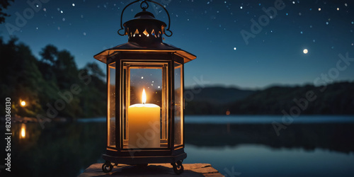 burning candle in a brass lantern