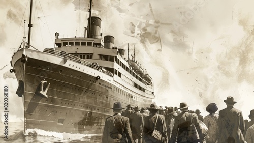 Vintage photo of ocean liner with people on dock
