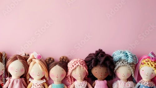 Handmade rag dolls with various hairstyles on pink background