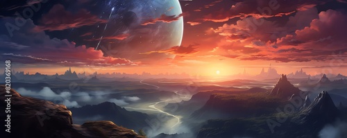Philosopher contemplating life while gazing at a surreal landscape where evening and night sky meet, clouds glowing under sunset hues, digital art.