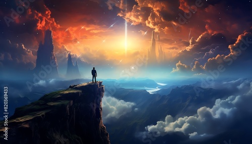 The man stand on the cliff and watch a beautiful sunset in fantasy world.