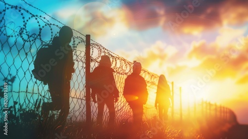 Silhouettes of three people climbing fence at sunset with colorful sky in background