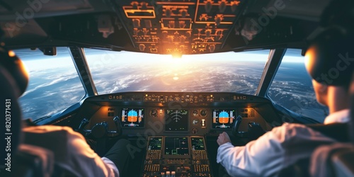 Confident professional pilot flying aircraft while sitting at plane cockpit and focusing on using control panel. Attractive pilot looking and checking control panel while seated at flight deck. AIG42.