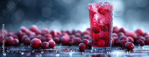 A glass of cranberry juice sits on a table next to a pile of cranberries