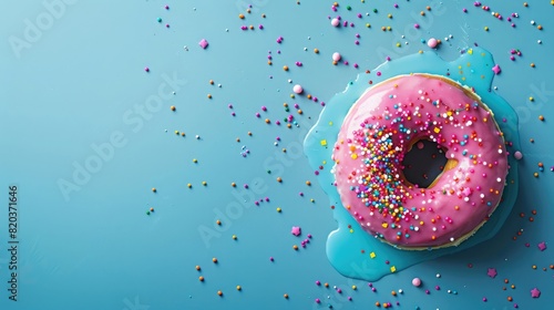 Photo of A pink donut with colorful sprinkles and melted glaze on blue background, real photo