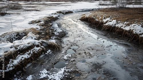 The stark contrast between frozen and thawed ground serves as a reminder of the impact of permafrost melting on vital infrastructure like oil pipelines in the Arctic.