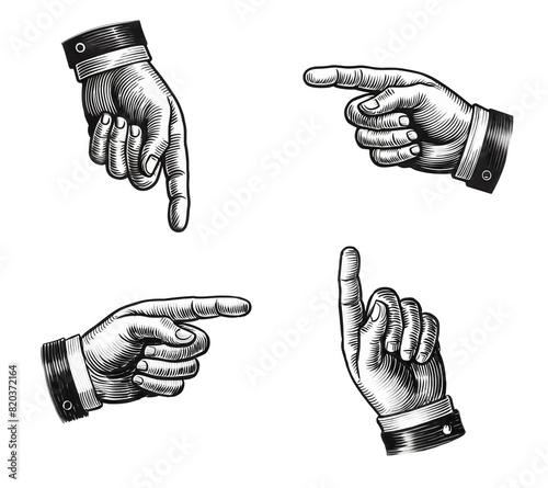 Hands pointing in different directions. Line drawing on white background.