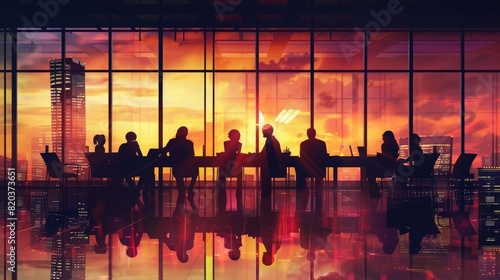 silhouettes of business people in meeting room with cityscape background, digital art style