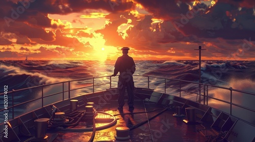 The captain stands on the bridge of his ship, looking into the distance and holding his hands behind his back at sea level with waves in sunset lighting, in the photo realistic, high resolution style.
