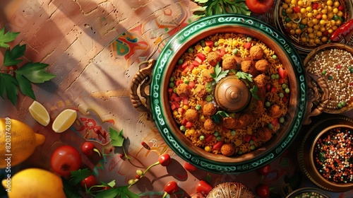 Vibrant Moroccan Tagine and Couscous Feast in a D Rendered Top View