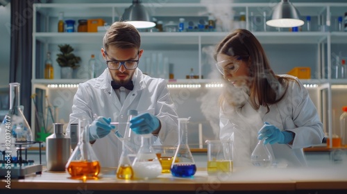 Shot of two chemists carrying out experiments in their lab