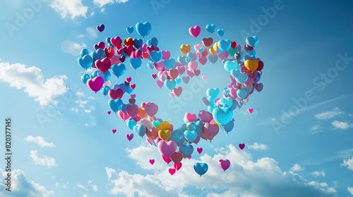 A heart created from an arrangement of colorful balloons floating in the sky, representing joy, celebration, and the uplifting nature of love against
