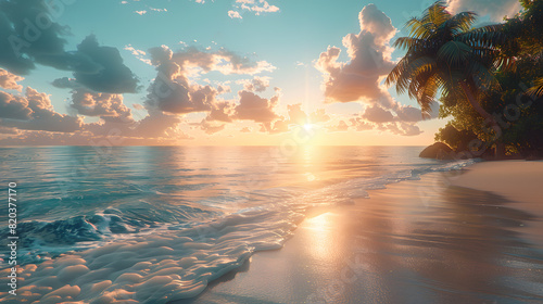 Clouds float above the fluid horizon as the sun sets over the tropical beach