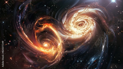 Two galaxies colliding in a celestial dance, their spiral arms intertwining and stars scattering, symbolizing the grandeur and chaos of cosmic collisions against