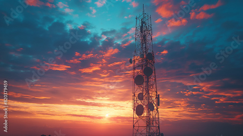 Communication tower against the background of the sunset sky. Communication concept.