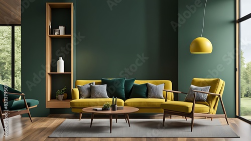 Modern wooden living room with yellow armchair against dark green wall - 3D rendering 