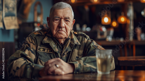 a veteran is sitting pensive while drinking coffee in a restaurant