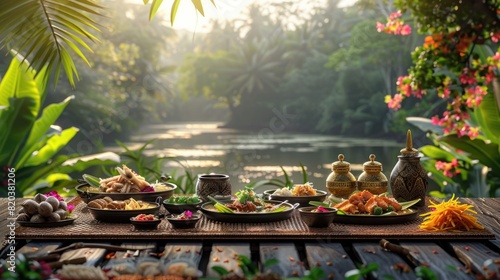 Traditional Isaan Meal in a Serene Garden A Taste of Thai Culture