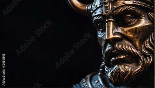 viking warrior statue close up portrait on plain black background from Generative AI