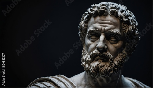 roman scholar statue close up portrait on plain black background from Generative AI