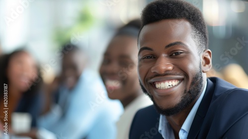 Closeup of a smiling young African American businessman discussing work while during a meeting with diverse colleagues in an office lounge. Stock Photo
