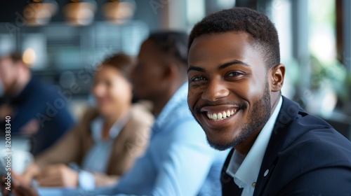 Closeup of a smiling young African American businessman discussing work while during a meeting with diverse colleagues in an office lounge. Stock Photo