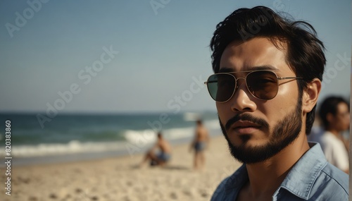 handsome bearded asian guy portrait on summer beach vacation with sunglasses and bright sunshine from Generative AI