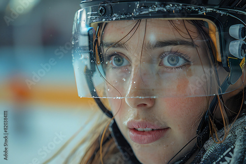 Focused Young Woman in Hockey Gear