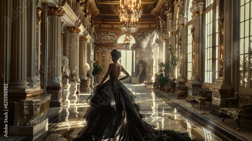 Elegant woman in black dress standing in luxurious hallway with chandeliers Fashion and beauty concept in ornate interior