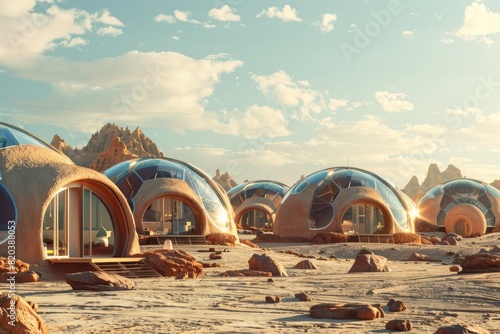 Mars colony, multiple domes with windows and doors for living space on Mars desert landscape, 3D render