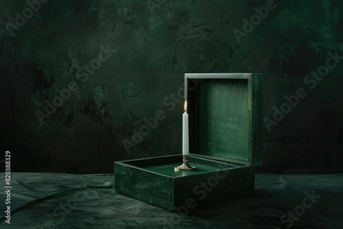 Minimalist green box with open door, inside there is an empty white candlestick on the dark 