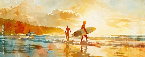 Surfing at Sunrise Capture the exhilaration of surfers catching waves at sunrise on Japans picturesque beaches Photograph surfers paddling out to sea against the backdrop of the rising sun, with color