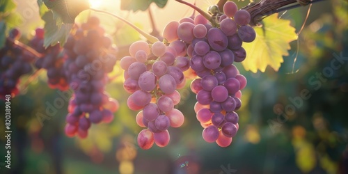 Purple Grapes hanging from a vine in a sunlit vineyard, with the light catching their translucent skins. 