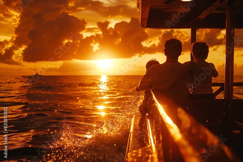 Sunset cruise, family on deck, golden light, wide shot, soft colors, relaxed and joyful