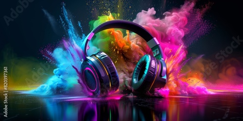 Stereo headphones exploding in festive colorful splash, dust and smoke with vibrant light effects on loud music