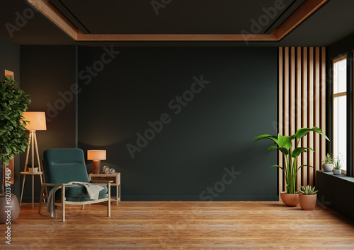Living room interior has an green armchair on empty dark green wall background- 3D rendering