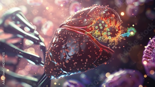 Human liver anatomy, DNA with hepatitis b virus. 3d illustration. Background for medicals