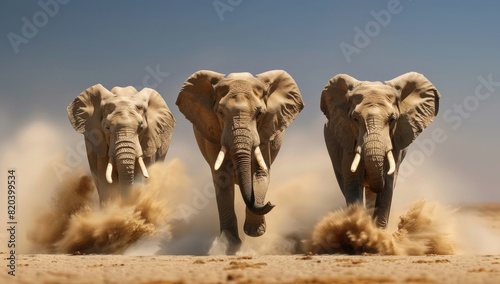 Three elephants run in the desert, with dust flying around them and motion blur.