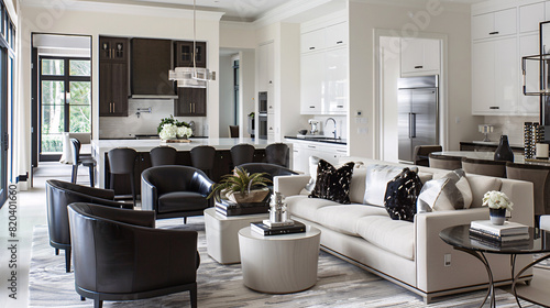 Luxury open plan living room and kitchen in white and black color, modern minimal style interior design.