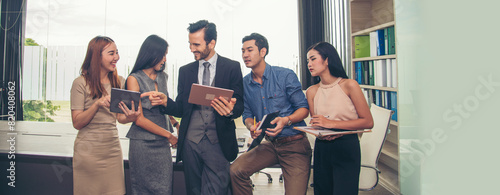 Banner Diversity multiethnic team group of business people Present meeting conference room brainstorm. Multicultural Teamwork collaborate team people meeting together trust partner with copy space.