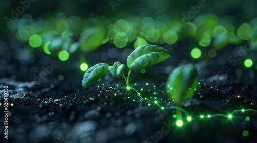 Close-up of vibrant green seedlings growing in soil with glowing roots, representing growth, technology, and nature integration.