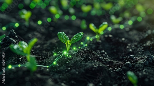 Close-up of young green plants with glowing roots in dark soil, symbolizing growth, innovation, and futuristic agriculture.