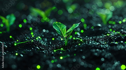 Close-up of young green sprout growing in fertile soil with glowing particles, symbolizing growth, nature, and sustainability.