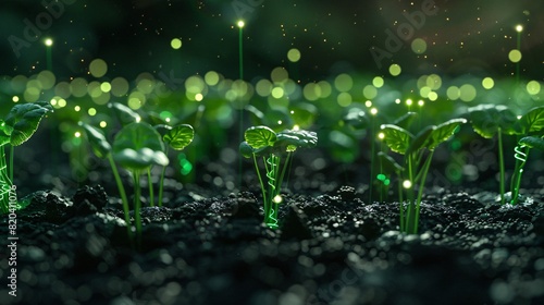 Close-up of young green sprouts in soil with sparkling bokeh lights in background, depicting growth and nature's beauty.