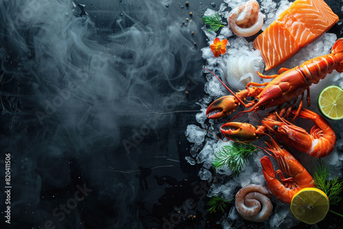A plate of seafood including shrimp, lobster, and fish is displayed on a black background with steam rising from it