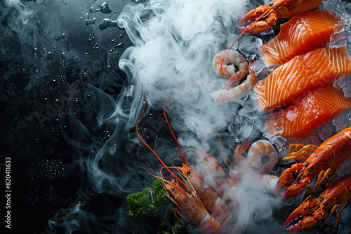 A plate of seafood with a lot of smoke in the background. The plate has shrimp, crab, and salmon