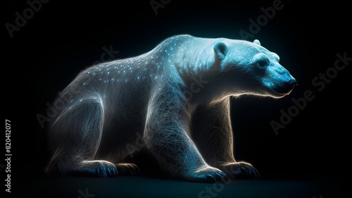 3D rendering of a polar bear on a dark background with particles