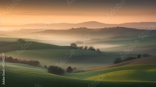 Tuscany landscape at sunset, Italy. Sunrise over rolling hills.