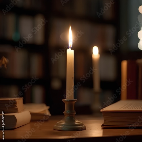 Candle in the library with books on the bookshelf.